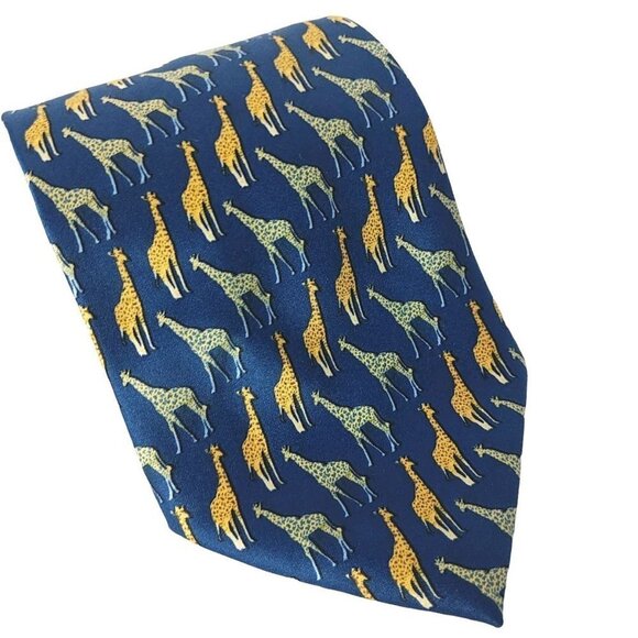 Parquet Giraffe Zoo Animal Print Blue Gold Novelty Necktie - Picture 1 of 8